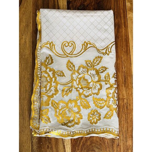 Vintage Vinyl Crochet Lace Table Cover Gold Clear Ivory Tablecloth PVC Plastic - Picture 2 of 16